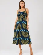 Shopika Rochie lunga din bumbac subtire cu volan pe piept si imprimeu abstract bleumarin