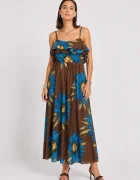 Shopika Rochie lunga din bumbac subtire cu volan pe piept siimprimeu floral maro