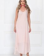 Shopika Rochie lunga din matase cu croi fluid si bretele fine eleganta roz delicat