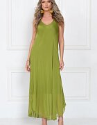 Shopika Rochie lunga din matase cu croi fluid si bretele fine eleganta verde olive