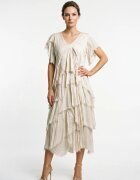 Shopika Rochie lunga din matase cu volane suprapuse asimetrice si paiete fine la decolteu bej