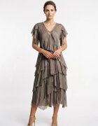 Shopika Rochie lunga din matase cu volane suprapuse asimetrice si paiete fine la decolteu bej inchis