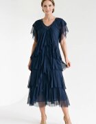 Shopika Rochie lunga din matase cu volane suprapuse asimetrice si paiete fine la decolteu bleumarin