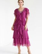Shopika Rochie lunga din matase cu volane suprapuse asimetrice si paiete fine la decolteu magenta