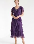 Shopika Rochie lunga din matase cu volane suprapuse asimetrice si paiete fine la decolteu mov