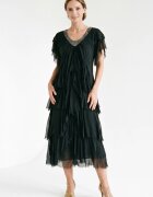 Shopika Rochie lunga din matase cu volane suprapuse asimetrice si paiete fine la decolteu neagra