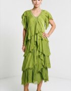 Shopika Rochie lunga din matase cu volane suprapuse asimetrice si paiete fine la decolteu verde olive