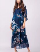 Shopika Rochie lunga din matase si vascoza cu imprimeu flori de cires pe fond bleumarin