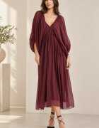 Shopika Rochie lunga din matase si vascoza cu maneci ample si decolteu adanc bordo