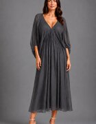 Shopika Rochie lunga din matase si vascoza cu maneci ample si decolteu adanc gri