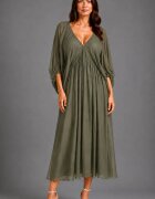 Shopika Rochie lunga din matase si vascoza cu maneci ample si decolteu adanc kaki