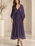 Shopika Rochie lunga din matase si vascoza cu maneci ample si decolteu adanc mov inchis