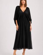 Shopika Rochie lunga din matase si vascoza cu maneci ample si decolteu adanc neagra