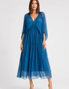 Shopika Rochie lunga din matase si vascoza cu maneci ample si decolteu adanc turcoaz inchis