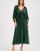 Shopika Rochie lunga din matase si vascoza cu maneci ample si decolteu adanc verde inchis