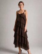 Shopika Rochie lunga din matase si vascoza cu volane suprapuse oblic si croi vaporos maro inchis