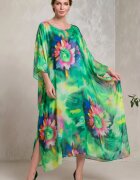 Shopika Rochie lunga din matase vaporoasa croi lejer oversize tip kaftan imprimeu artistic pe fond verde