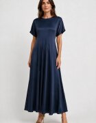 Shopika Rochie lunga din satin cu matase si vascoza croi amplu si design fluid bleumarin