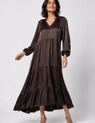 Shopika Rochie lunga din satin cu vascoza croi amplu cu volane - maro