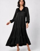 Shopika Rochie lunga din satin cu vascoza croi amplu cu volane - neagra