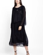 Shopika Rochie lunga neagra cu aplicatie floare si detaliu brodat argintiu din matase si vascoza