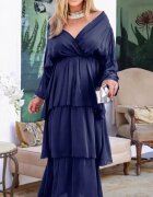 Shopika Rochie lunga suprapusa din matase cu trei volane mari si maneca lunga bleumarin