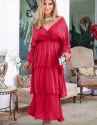 Shopika Rochie lunga suprapusa din matase cu trei volane mari si maneca lunga fucsia inchis
