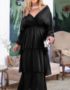 Shopika Rochie lunga suprapusa din matase cu trei volane mari si maneca lunga neagra