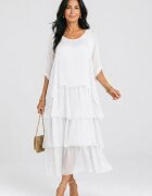 Shopika Rochie lunga suprapusa din matase si vascoza cu trei volane mari si maneca cazuta alba