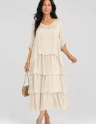 Shopika Rochie lunga suprapusa din matase si vascoza cu trei volane mari si maneca cazuta bej