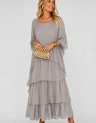 Shopika Rochie lunga suprapusa din matase si vascoza cu trei volane mari si maneca cazuta bej inchis