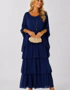 Shopika Rochie lunga suprapusa din matase si vascoza cu trei volane mari si maneca cazuta bleumarin