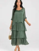 Shopika Rochie lunga suprapusa din matase si vascoza cu trei volane mari si maneca cazuta kaki