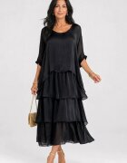 Shopika Rochie lunga suprapusa din matase si vascoza cu trei volane mari si maneca cazuta neagra