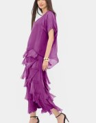 Shopika Rochie magenta din matase si vascoza cu volane franjurate suprapuse