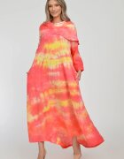 Shopika Rochie maxi A-line din in cu guler amplu cu imprimeu boem tie-dye corai