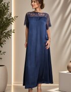 Shopika Rochie maxi A-line din satin matase si vascoza insertii din dantela si croi fluid bleumarin