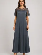 Shopika Rochie maxi A-line din satin matase si vascoza insertii din dantela si croi fluid gri