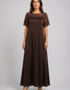 Shopika Rochie maxi A-line din satin matase si vascoza insertii din dantela si croi fluid maro