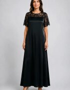 Shopika Rochie maxi A-line din satin matase si vascoza insertii din dantela si croi fluid neagra