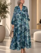 Shopika Rochie maxi din satin de matase si vascoza cu imprimeu floral turcoaz