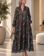 Shopika Rochie maxi din satin de matase si vascoza cu imprimeu grafic abstract maro turcoaz