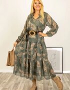 Shopika Rochie maxi kaki cu imprimeu paisley cu volane si maneci vaporoase