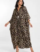 Shopika Rochie maxi tip caftan cu animal print drapaj si brosa detasabila leopard