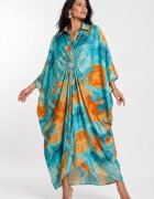 Shopika Rochie maxi tip caftan cu imprimeu aqua portocaliu drapaj si brosa detasabila