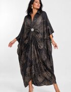 Shopika Rochie maxi tip caftan neagra cu imprimeu grafic bej drapaj si brosa detasabila
