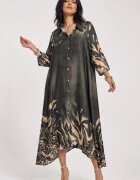Shopika Rochie maxi tip camasa din vascoza cu imprimeu animal print si croi lejer kaki