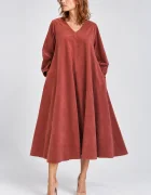 Shopika Rochie midi ampla din catifea reiata de bumbac caramiziu