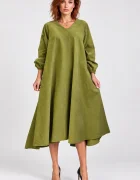 Shopika Rochie midi ampla din catifea reiata de bumbac verde olive