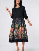 Shopika Rochie midi dama din jerseu si satin de matase cu imprimeu floral multicolor pe fond negru